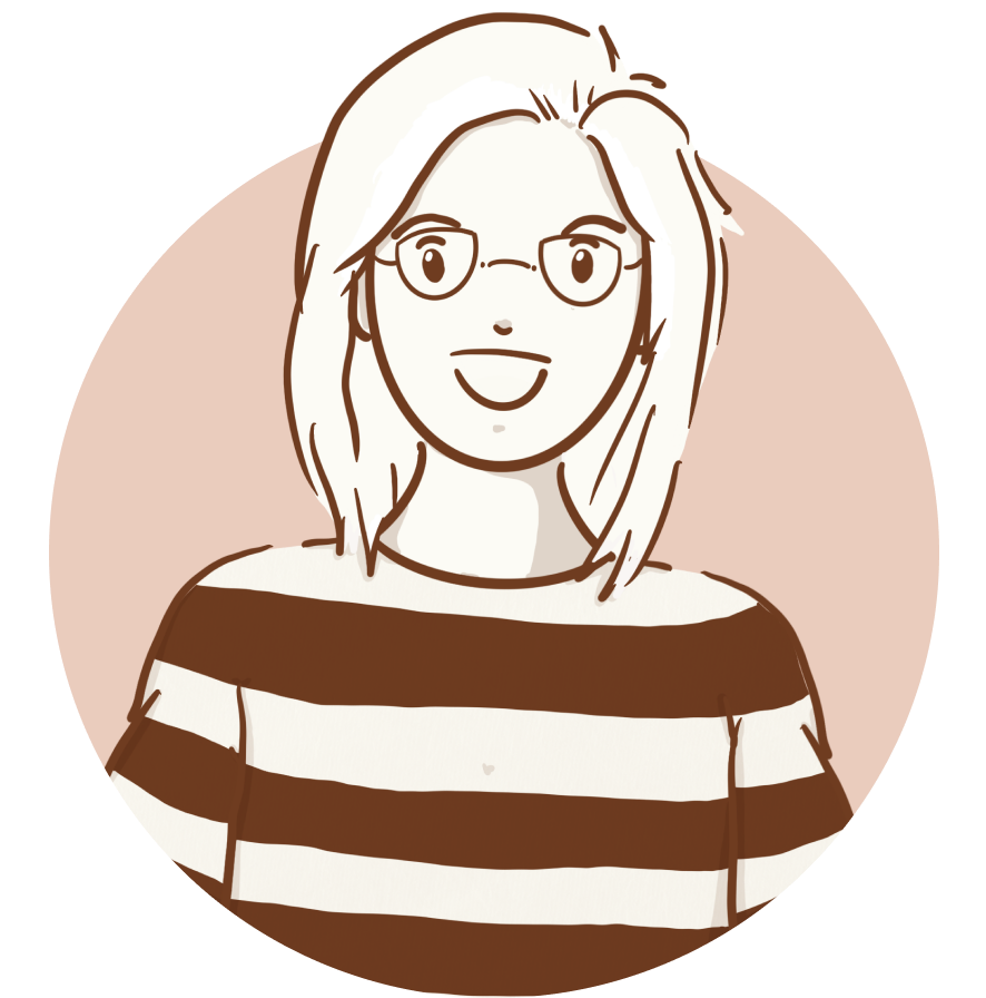 Illustration of Ginny: a smiling woman with glasses and shoulder-length hair, in a striped top