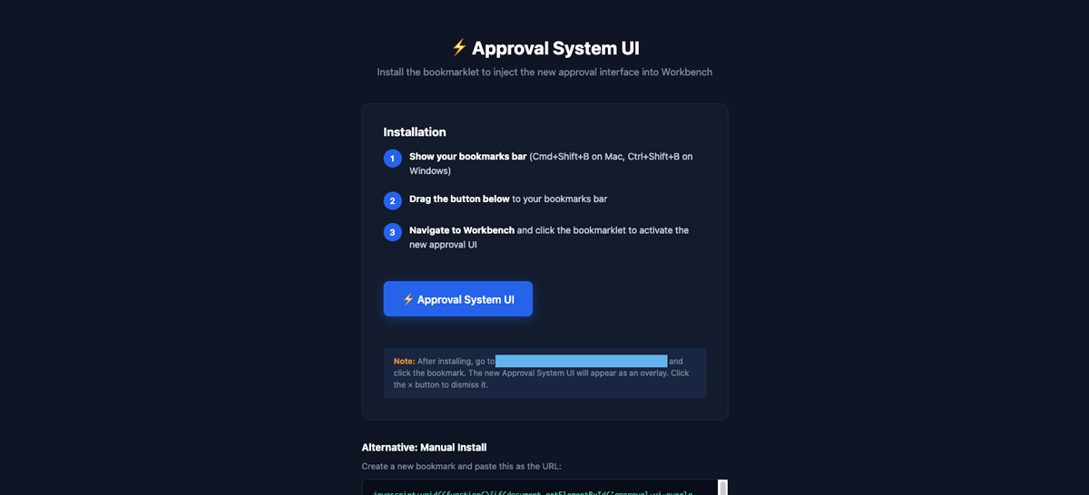 The Approval System UI install page for the Workbench gallery view tool