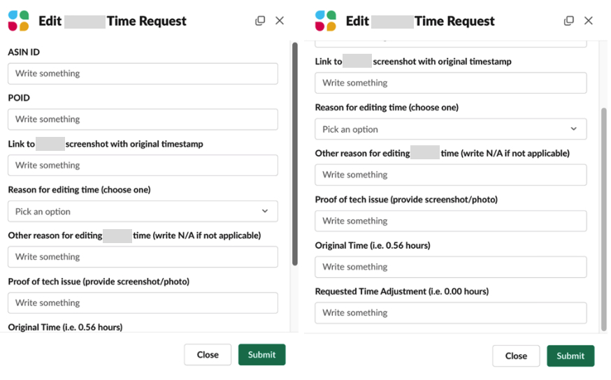 The Slack form that users fill out to request a task time edit