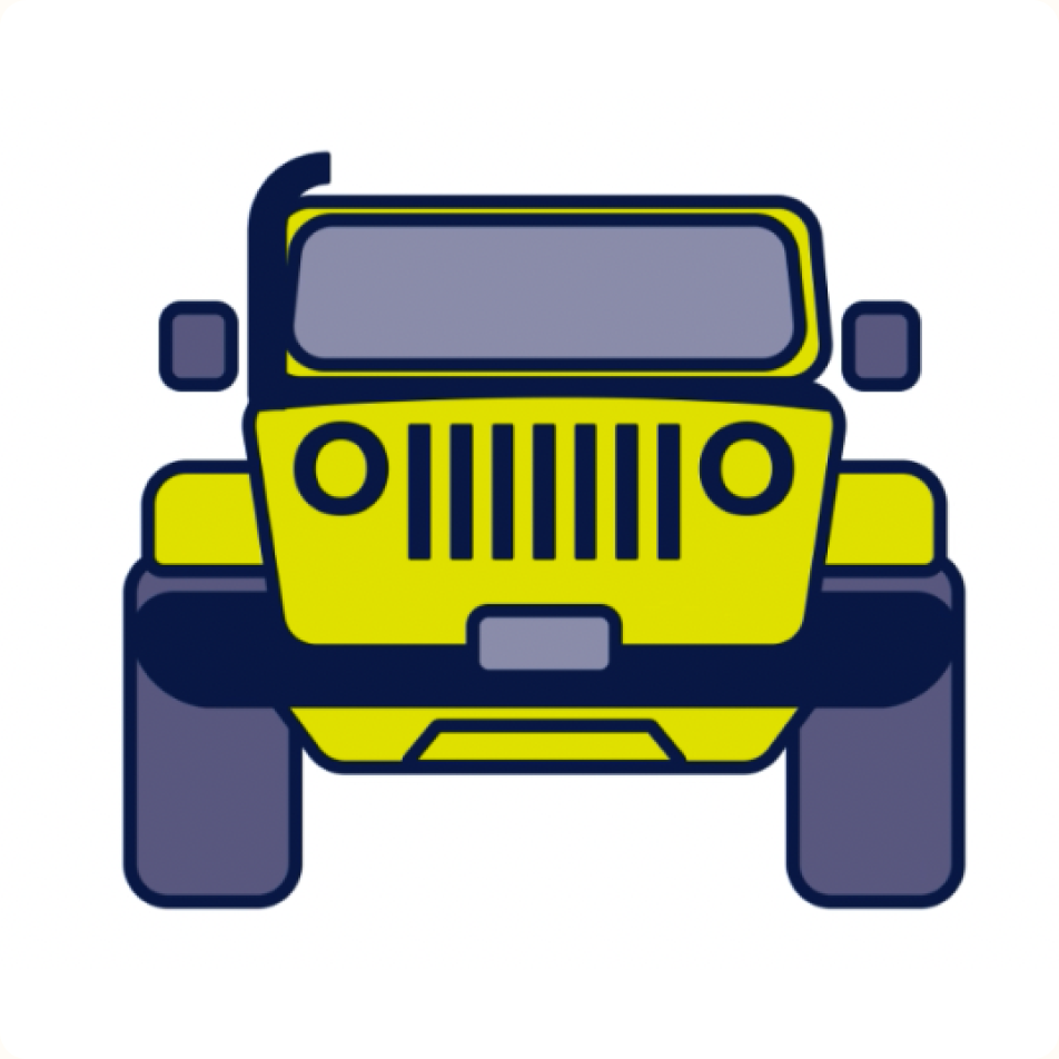 A front view of a yellow jeep in vector art, captioned "born from the minds of Jeep owners"