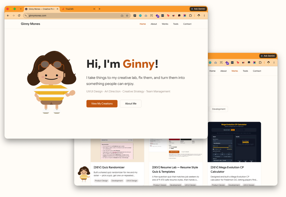Little Ginny lives in almost all inner pages, while OG Ginny sits comfortably in the homepage. 404 Ginny... is glad you found her but sad you ran into a page that does not exist.