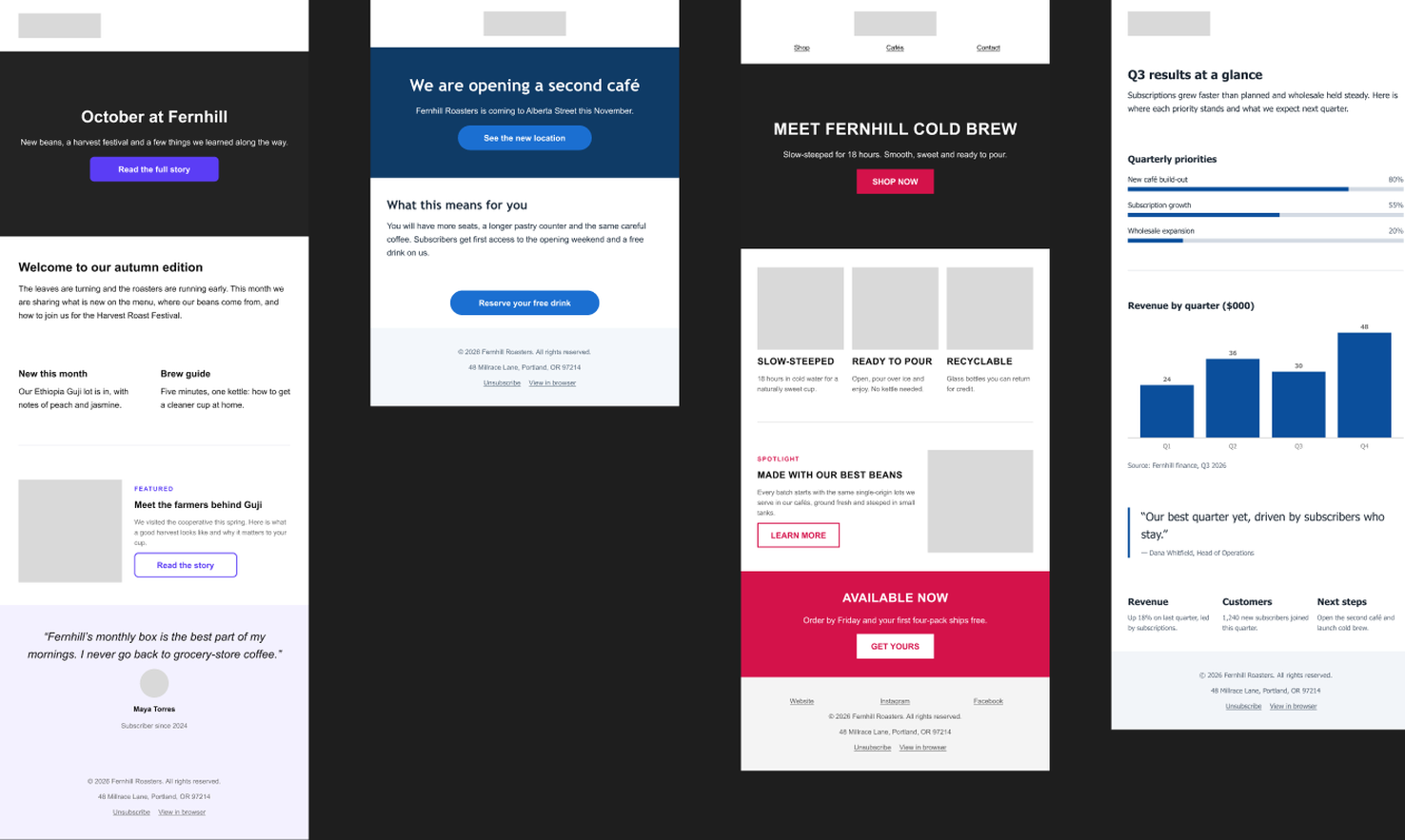 Seven example emails built with the plugin on a Figma canvas, each in a different style